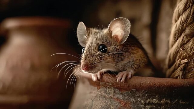 A curious mouse peeks over a weathered pot in a warm, rustic setting, perfect for nature or animal-themed content.