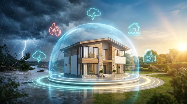 Modern home protected by a transparent dome from natural disasters and threats, symbolizing security and insurance.