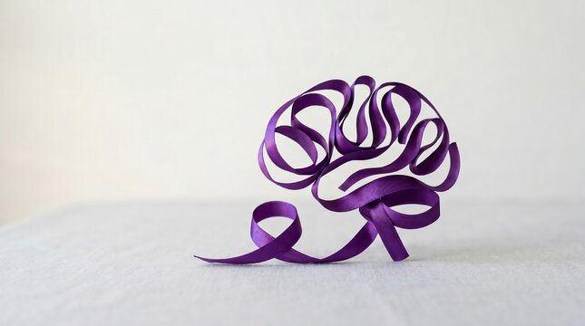 purple awareness ribbon shaped subtly into brain form, symbolic healthcare campaign concept.