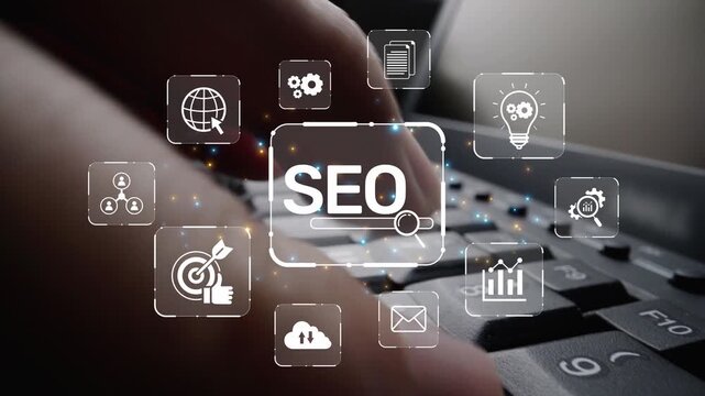 SEO concept for improving SEO visibility, with SEO related digital tools and SEO performance icons shown in an focused layout for strategic marketing. Muxer