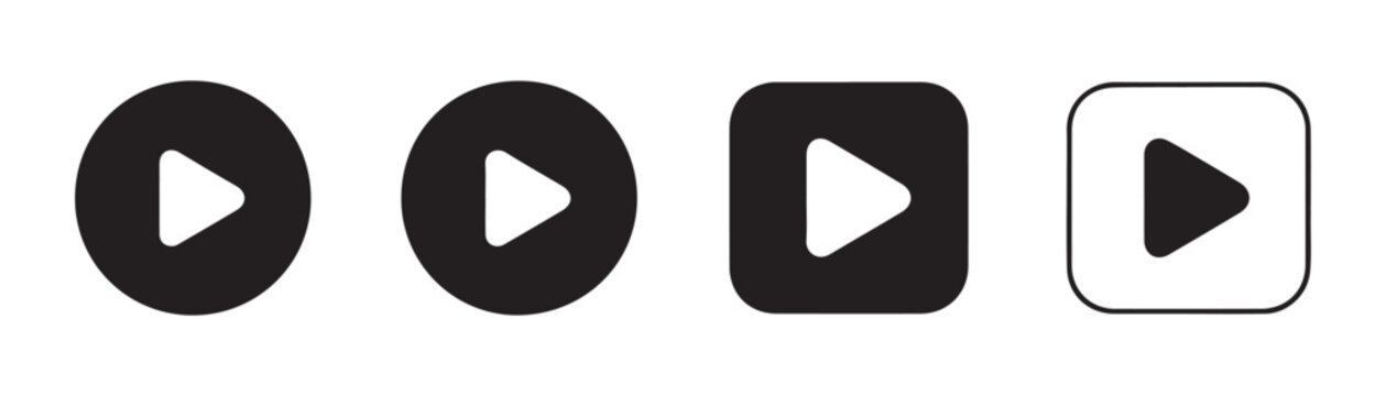Collection of play button icons with rounded corners in circular and square frames for app interfaces.
