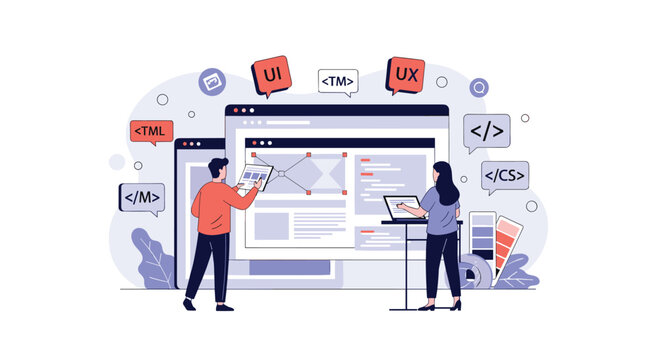 Web developers collaborating on a website design project with user interface and user experience elements displayed on multiple screens.
