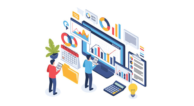 Two business analysts working with a large digital screen displaying complex financial charts and data analytics in an isometric view.