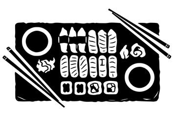 Stylized illustration of sushi platter with nigiri, maki rolls, soy sauce dishes, and chopsticks, highlighting Japanese cuisine presentation and balance. © Suriya