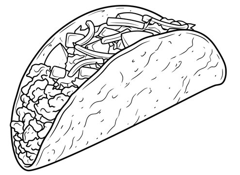 Detailed line drawing of a taco with textured shell, meat, vegetables, and toppings, perfect for food design, culinary illustration, or Mexican cuisine themes.