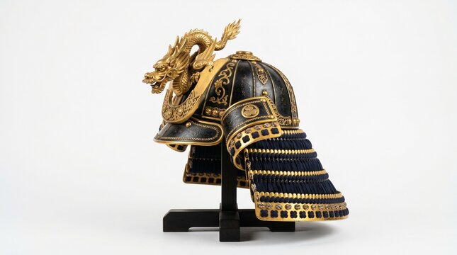 Traditional Japanese samurai helmet with ornate design isolated on white background, showcasing historical craftsmanship and warrior culture.