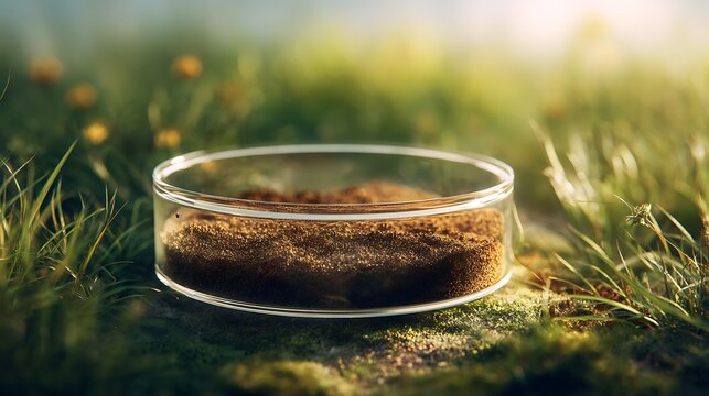 Soil Quality Analysis in Petri Dish at Sunset / 夕暮れ時の草地で行う土壌品質評価用シャーレ