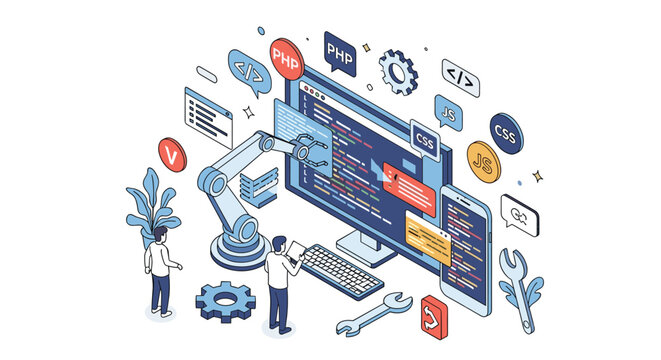 Web development team collaborating on a coding project with a robotic arm assisting in the technical process in an isometric view.