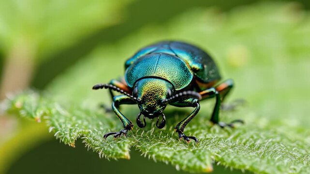 Closeup Macro Shot of a Vibrant Green Beetle on a Leaf.
