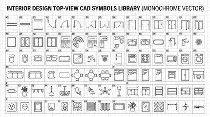 Interior Design Top View Cad Symbols Library Monochrome Vector. © Roish