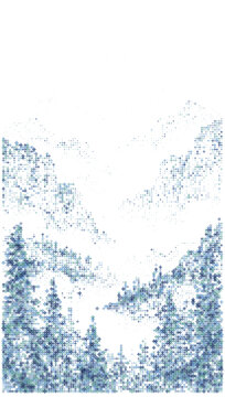 Vector abstract mountain landscape and pine forest silhouette formed by blue diamond particles halftone for nature technology science and environment digital concept