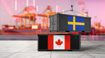 Trade Containers of Canada and Sweden: A striking visual representation of international trade, showcasing cargo containers emblazoned with the flags of Canada and Sweden. © bao