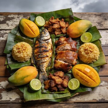 Symmetrical Filipino Kamayan Feast Arrangement with Grilled Bangus, Lechon, and Golden Garlic Rice on Banana Leaves