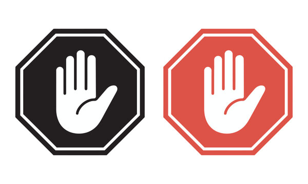 Red stop hand symbol with octagon sign, adblock and do not enter forbidden icon set, prohibition and access restriction concept, vector PNG and EPS illustration