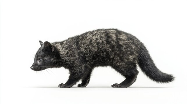Civet walking in profile on a white background