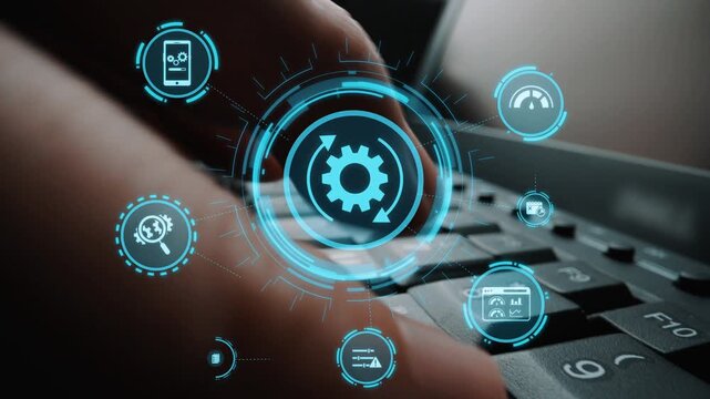 Predictive maintenance icons for industry, automation, smart factory and manufacturing showing data analysis, monitoring, robotics and system optimization with advanced maintenance solutions. Funnel