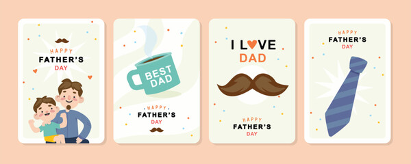 father s day cards set of four greeting cards with happy father s day messages and illustrations of father and son coffee mug mustache and necktie © Creative Pixy