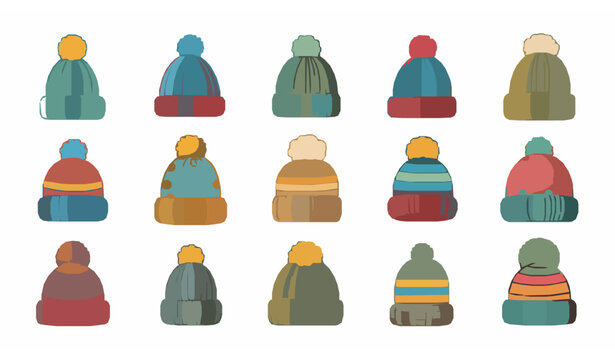 Colorful kids beanie icons vector set with winter hats pom pom and knit cap designs in flat cartoon style isolated on white background
