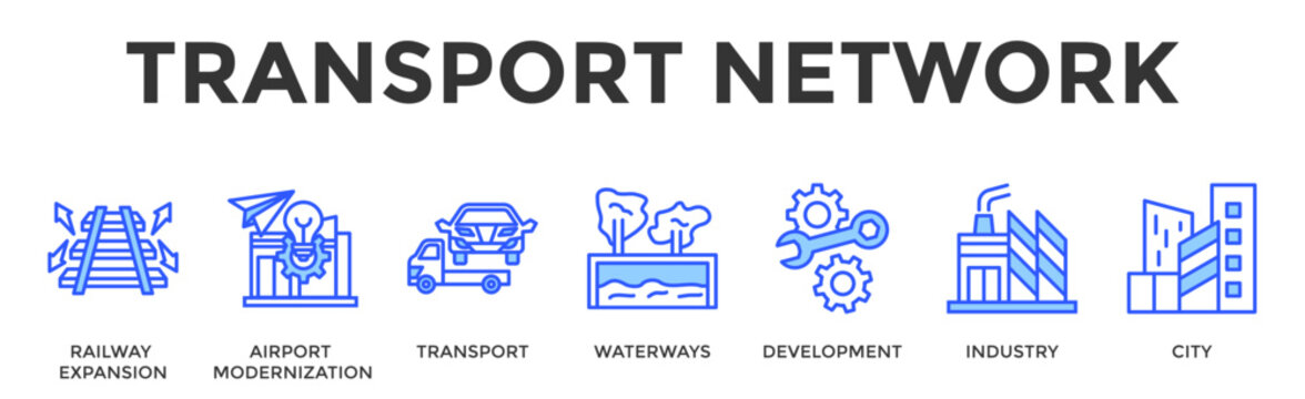Transport Network  Banner Web  Icon Set Collection Pack Vector Illustration Concept Containing Railway Expansion, Airport Modernization, Transport, Waterways, Development, Industry, City