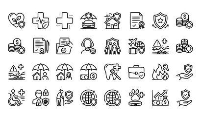 Insurance thin line icon set with policy life medical car home protection symbols editable stroke vector © MdMoymul