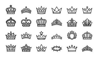 Royal crown line icon set with king queen tiara luxury symbols editable stroke vector collection © MdMoymul