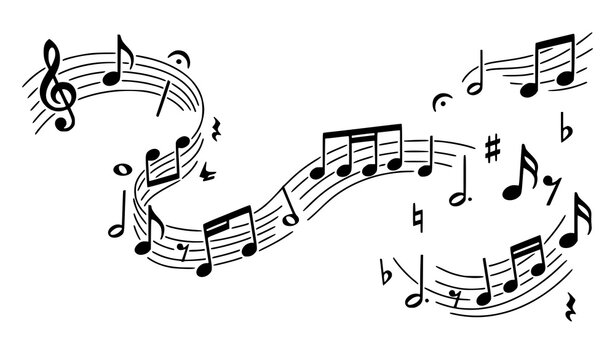 Minimal music notes pattern with treble clef and stave symbols black flat vector illustration collection