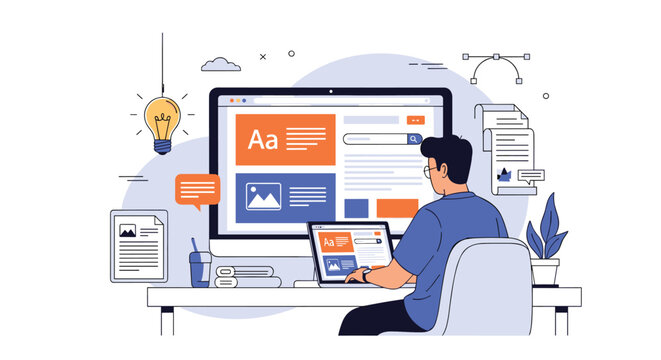 Professional web developer works on a large desktop monitor to design responsive and modern website user interfaces.