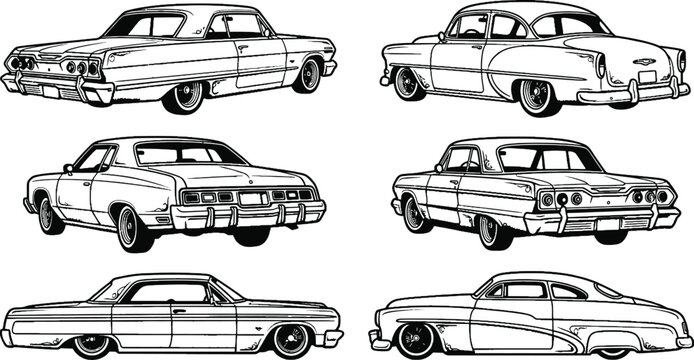 Classic Lowrider Car Line Art Vector Set Featuring Vintage 1960s Sedans and Retro Custom Automobiles for Garage Branding, Automotive Enthusiast Apparel, and Nostalgic Graphic Designs