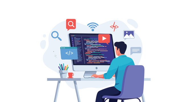 Software engineer develops web applications by writing code on a large computer monitor in a modern and clean office environment.