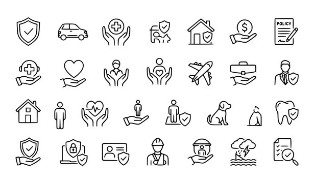 Minimal insurance thin line icon collection with life health car home policy and protection symbols vector