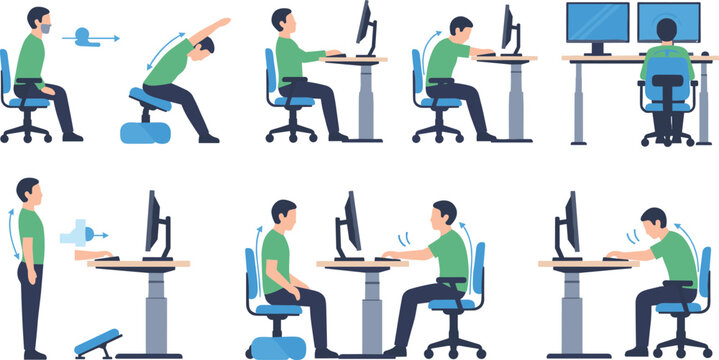 Office Ergonomics Sitting Postures Set with Correct and Incorrect Desk Positions for Workplace Health, Back Pain Prevention, and Computer Workstation Awareness