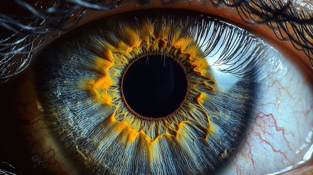 Pupil dilation speed extreme macro human eye golden amber iris intricate radial patterns muscle fibers eyelashes sharp detail corneal surface natural lighting professional photography