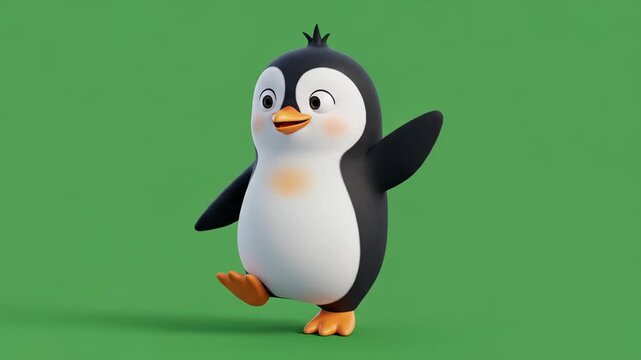 Cartoon penguin waving against green backdrop