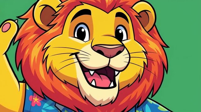 Cartoon lion character with floral shirt on green background