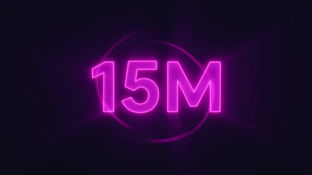 Large number fifteen million glowing neon effect on dark background