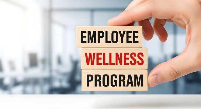Hand holding employee wellness program sign in modern office setting