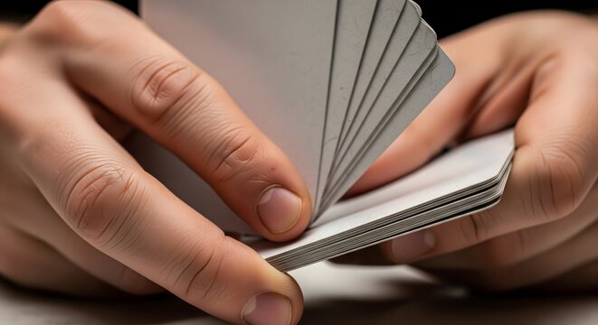 A close-up view of a person's hands expertly riffling through a stack of blank white cards, demonstrating dexterity and focus.