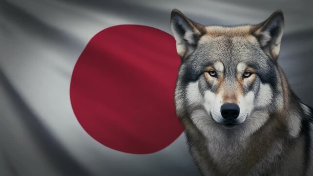 日の丸を背にした孤高のオオカミポートレート