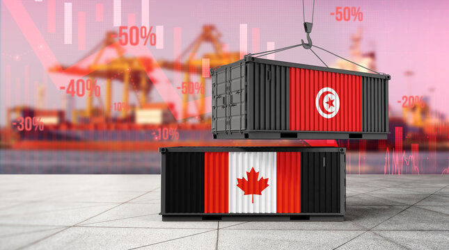 Trade Containers: Two shipping containers, one emblazoned with a maple leaf and the other with a crescent and star, symbolize the import-export trade between Canada and Tunisia.