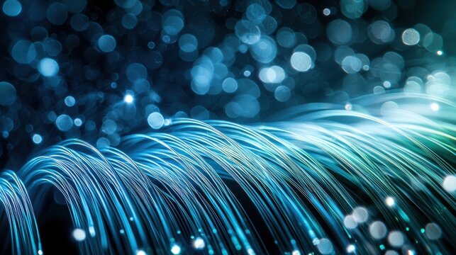 Optical fiber macro bundle creating flowing curved light trails through multiple strands with blue green white illumination bokeh background