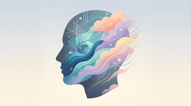 Psychology concept of human mind with swirling thoughts and emotions in colorful brain