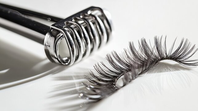 Lash curl macro eyelash curler tool metal chrome with fake lashes on white background professional beauty photography
