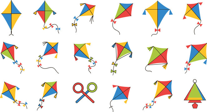 Colorful Kite Vector Set with Flying Kites Wind Toys Outdoor Fun and Festival Icons