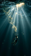 Obraz premium Deep underwater fantasy artwork with glowing rays above a floating silhouette, creating peaceful cosmic atmosphere and dreamlike mystery.