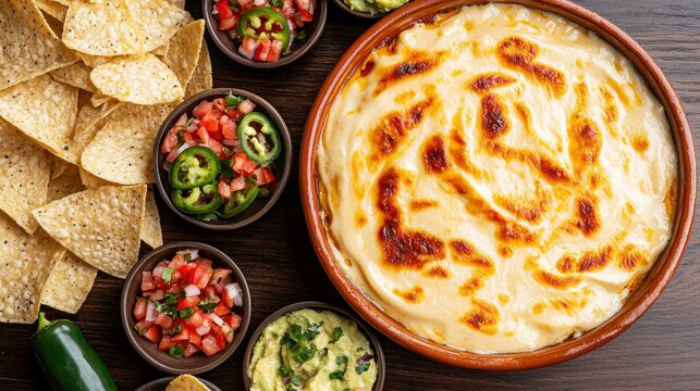 Authentic queso flameado with bubbling melted cheese in terracotta cazuela served with tortilla chips and fresh Mexican salsas at upscale restaurant