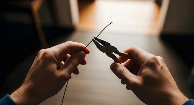 A close-up, first-person perspective shot of a person's hands using pliers to bend a thin piece of metal wire indoors.