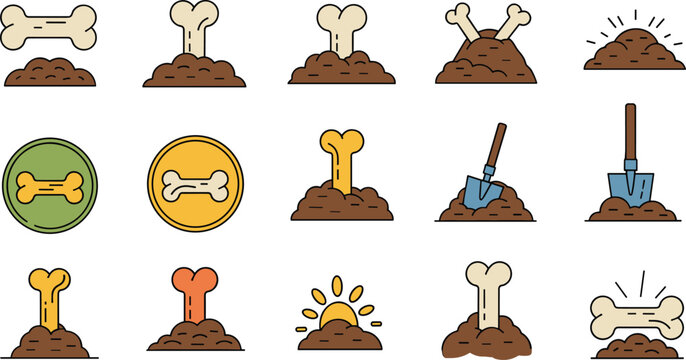 Dog Bone Burial Vector Set with Buried Bones Pet Grave Digging and Cartoon Icons