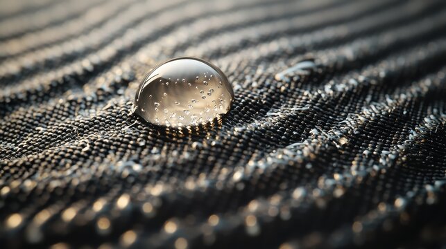 Water wicking fabric behavior extreme close-up of transparent droplet resting on woven fabric demonstrating surface tension and contact angle