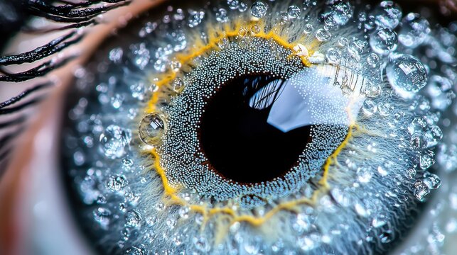 Eye surface tension closeup iris macro photography water droplets corneal surface natural color patterns professional lighting sharp detail