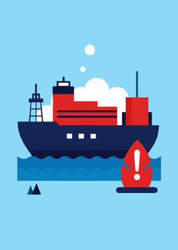 Illustration of large oil tanker with warning symbol in foreground, surrounded by ocean waves and clear blue sky, representing maritime security and hijacking oil tankers during sanctions concerns